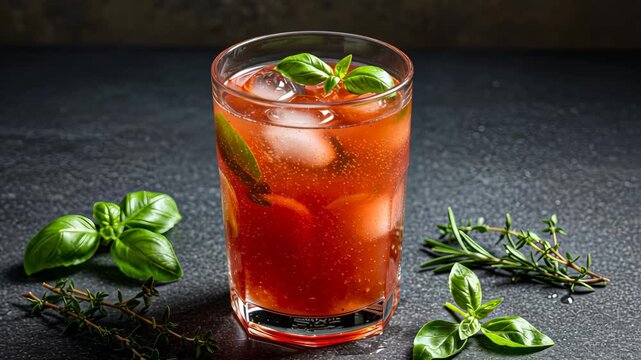 Refreshing basil and herb infused iced tea preparation with vibrant colors on dark surface