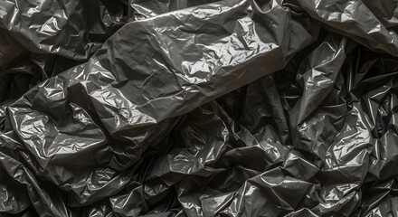 Wrinkled black trash bag surface background. Plastic texture close up with abstract pattern and shining reflection for conceptual design.