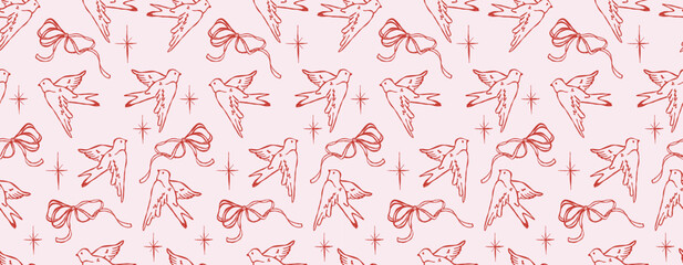 Romantic seamless pattern with flying love birds, bows, and sparkling stars, cute pink and red Valentine’s Day background, kawaii girly repeating print for wrapping paper, textiles, scrapbooking