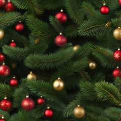 Minimal Christmas background with pine branches and ornaments