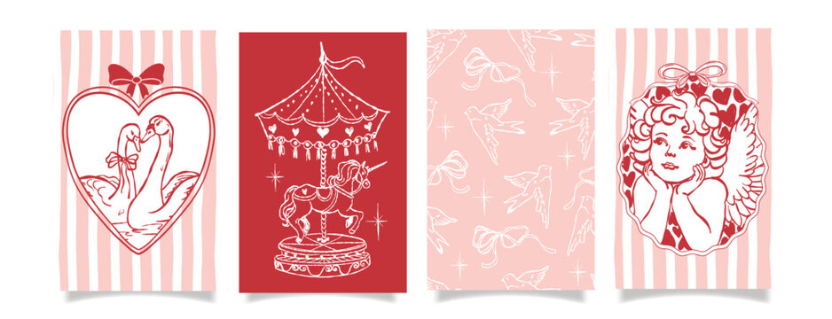 Valentine&rsquo;s Day romantic greeting cards set. Cute pink and red carousel unicorn, swans in heart frame, and cherub angel illustration. Kawaii vintage style love holiday backgrounds with birds, bows