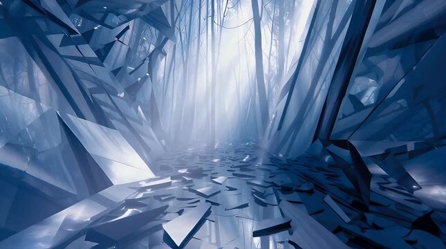 Abstract shattered forest landscape with geometric polygonal shapes and ethereal light beams creating a surreal and mysterious atmosphere for design projects