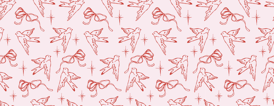 Romantic seamless pattern with flying love birds, bows, and sparkling stars, cute pink and red Valentine&rsquo;s Day background, kawaii girly repeating print for wrapping paper, textiles, scrapbooking