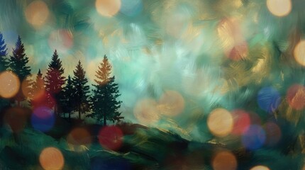 Serene landscape with silhouetted evergreen trees and soft bokeh lights in a painterly style pine trees
