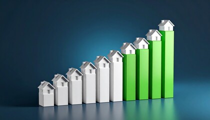 Ascending bar graph with house models on green and white columns.