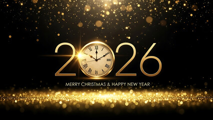 Gold clock striking midnight on 2026 new years eve celebration