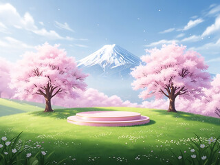 Pink cherry blossom trees and mountain landscape