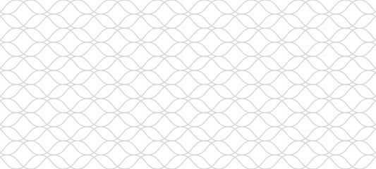 Naklejka premium Subtle golden vector seamless pattern in oriental style. Delicate mesh, grid, lattice, net, thin curved lines. Abstract grey and white minimal geometric ornament. Simple repeated background texture