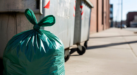 Green garbage bag with tied top standing on sidewalk next to dumpster on sunny day. Trash disposal and urban waste management concept.