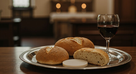 Bread and wine for holy communion on silver tray. Eucharist sacrament in church. Christian faith and worship concept