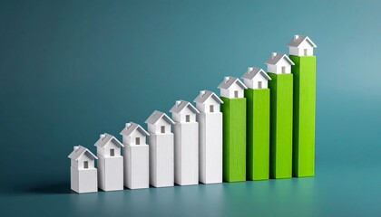 Ascending bar graph with house models on green and white columns.