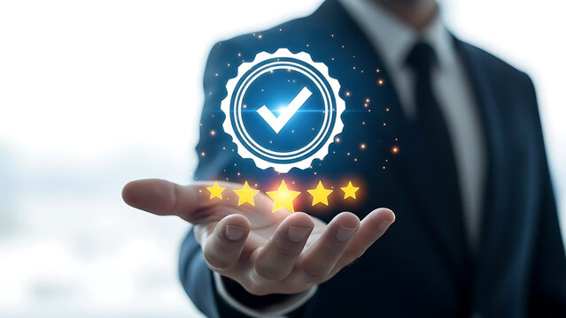 Businessman presenting rating and review with checkmark and stars