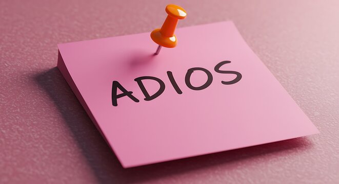 Pink Postit Note with Adios Message and Pushpin