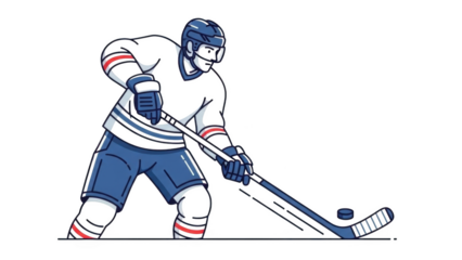 Hockey player in blue uniform with stick and puck ice hockey
