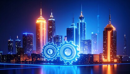 Futuristic city with glowing gears and blue-orange skyline reflections.