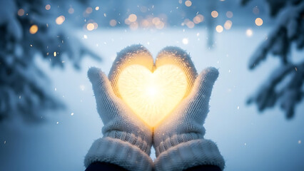 Hands holding glowing heart in winter