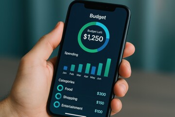 Person managing personal budget on smartphone app, visually tracking expenses in real-time. Concept of financial planning, savings management, and smart budgeting.
