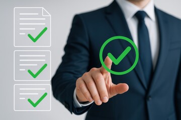 Business professional validating documents with digital checkmarks on a touchscreen, symbolizing efficiency and accuracy in corporate compliance.