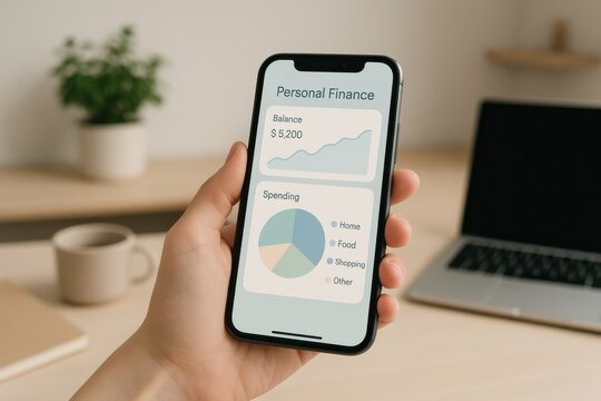 Individual reviewing personal finance app on smartphone, analyzing balance and spending trends. Concept of financial literacy, budgeting, and digital money management. - Powered by Adobe
