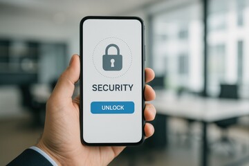 Business professional holding smartphone displaying security interface with unlock option, representing digital security and data protection in modern workplaces.