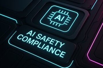 Close-up of illuminated AI safety compliance button on a high-tech interface. Exploration of artificial intelligence ethics, technology regulation, and digital responsibility.