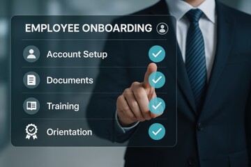 Businessman navigating an employee onboarding checklist on a digital interface, highlighting the importance of structured integration, training, and document management in workplace efficiency.