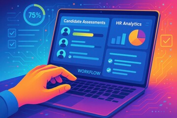 Data-driven HR professional analyzing candidate assessments and analytics on a laptop, highlighting innovation in recruitment and workforce management.