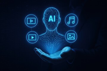 Human hand holding glowing artificial intelligence concept with multimedia icons, symbolizing technology integration in creative industries.
