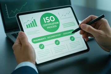Business professional reviewing ISO certification process on a tablet, focusing on requirements and assessment. Concept of quality management and organizational standards.