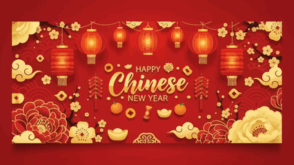 Fototapeta premium Vibrant Chinese New Year Decorations with Red Lanterns and Floral Motifs Celebrating Lunar New