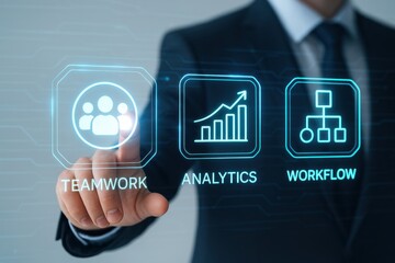 Business professional interacting with digital icons representing teamwork, analytics, and workflow management. Concept of innovation, collaboration, and data-driven decision-making.