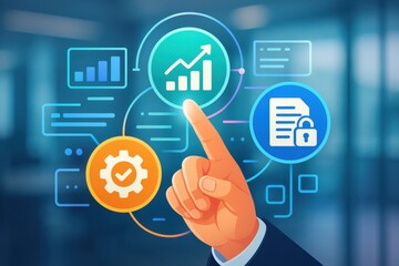 Business professional interacting with digital interface showcasing growth metrics, data security, and automation concepts. Theme of technology, analytics, and innovation in the corporate world.