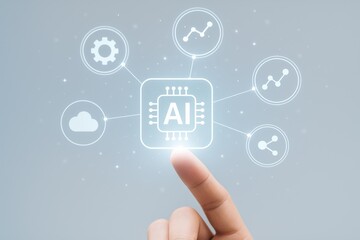 Finger touching glowing AI chip surrounded by technology icons representing cloud computing, data analysis, and connectivity. Concept of digital transformation and innovation.