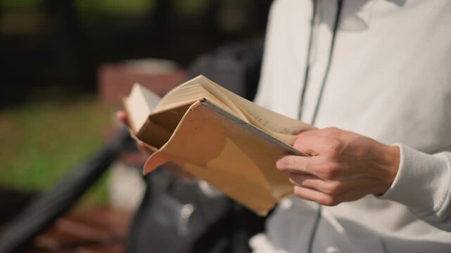 Different reading scenes, Distinct instances of people engaging with texts outside during day, Various individuals reading or analyzing documents in outdoor environments during daylight hours
