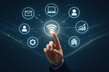 Business professional interacting with digital connection icons, emphasizing technology, communication, and data analytics in a modern workplace. Concept of digital transformation.