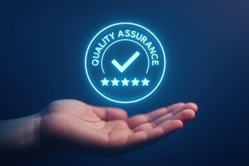 Digital representation of quality assurance with a hand holding a glowing endorsement symbol, emphasizing trust, reliability, and excellence in service or product delivery.