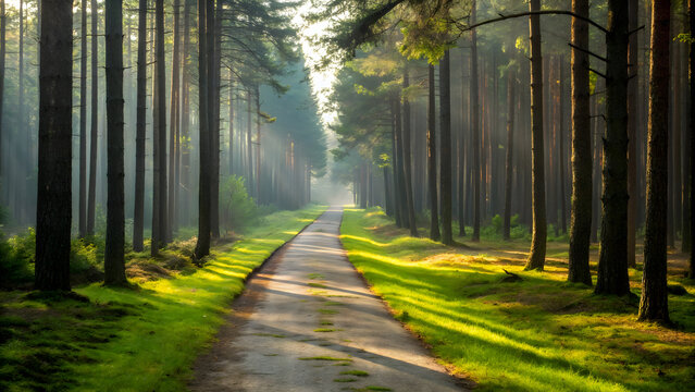 A serene morning path through a mystical pine forest illuminated by golden sunbeams - Powered by Adobe