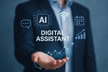 Business professional showcasing digital assistant concept with AI technology, analytics, and productivity tools. Theme of innovation and efficiency in modern workplaces.