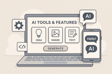 Conceptual illustration of AI tools and features on a laptop, showcasing idea generation, image processing, and text creation potential. Technology innovation and digital communication theme.