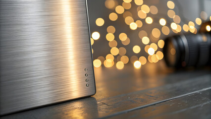 An old glass light bulb rests on a wooden floor near a book and a candle, blending vintage business technology with a warm light
