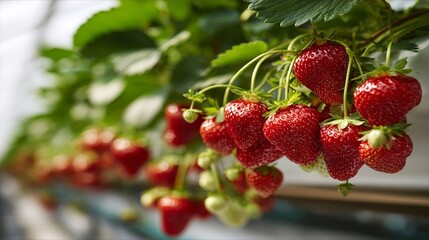 Fresh ripe strawberries hanging in a greenhouse, showcasing vibrant red color and lush green leaves.