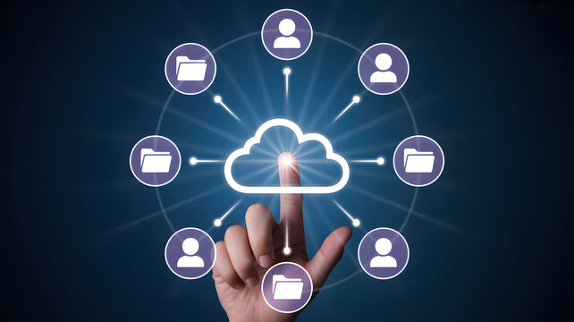 Finger touching a glowing cloud, data upload, data flow, storage, business cloud service technology concept, network connection on blue background - Powered by Adobe