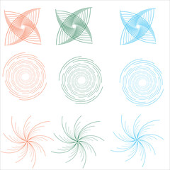 Nine abstract geometric swirling starburst and spiral shapes in orange green and blue