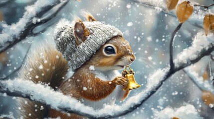 Naklejka premium snowflakes collecting on squirrel hat as it holds a golden bell, snowy branches framing .