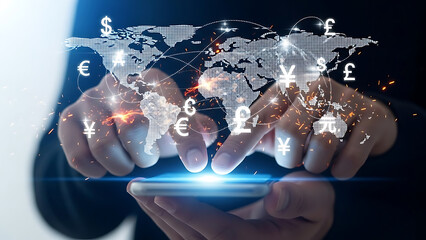 Hands holding smartphone with currency symbols