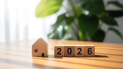 Small wooden house and 2026 blocks on a table