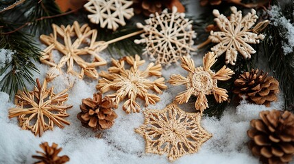 Fototapeta premium Decorative snowflakes made of straw and thread .