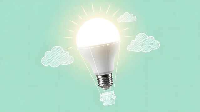 creative hot air balloon light bulb flying in the sky with clouds for future business ideas and innovative technology solution concept of growth and professional success