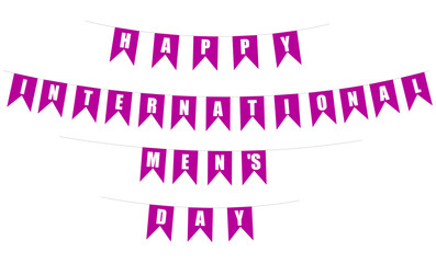 Purple flag banner with white letters spelling Happy International Men's Day, strung in three festive rows for celebration and global awareness decor