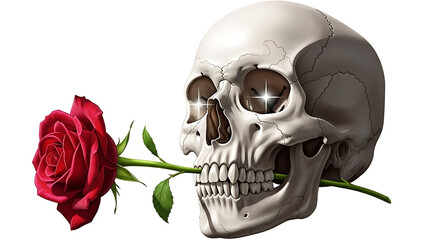 Human skull with red rose isolated on white background